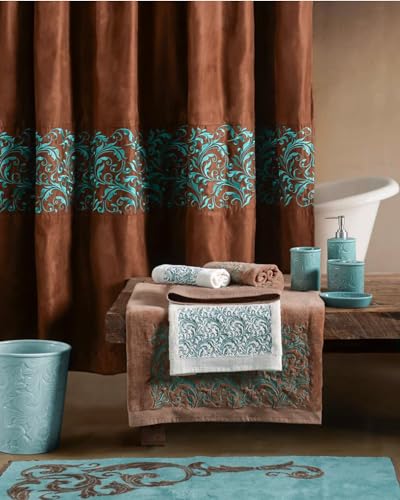 Image of Paseo Road Wyatt Western Rustic Bathroom Fabric Shower Curtain with 12 Hooks, 72x72 inch, Brown with Turquoise Swirl Pattern, Lodge Southwestern Style