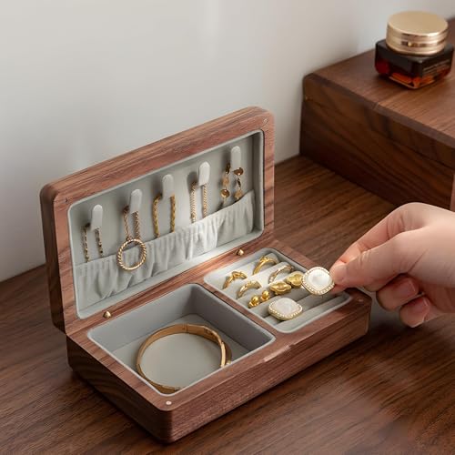 Vilarihor Small Wooden Jewelry Box, Vintage Delicate Walnut Wood Jewelry Case, Ideal Gift for Man Women, Protable Travel Jewelry Organizer (Gray, Small)