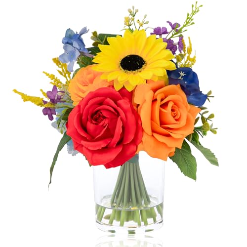 WELL KNOWN Artificial Flowers in Vase with Fake Water, Colorful Spring Flowers Fake Sunflowers Rose Peonies Bouquet for Home Wedding Party Dining Table Baby Shower Decor & Birthday Gift (Rainbow)