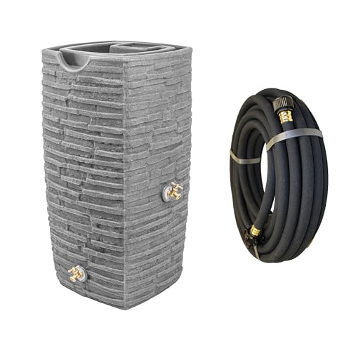 Good Ideas Impressions Riverwalk 50 Gal Plastic Rain Barrel, Dark Granite Bundled with 50’ Soaker Hose,...