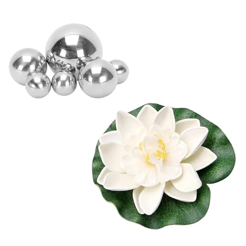 Garten Teiche Deko Set,6 Klein Silber Schwimmkugeln und 5 Weiß Künstliche Seerosen Schwimmende Lotusblüte,Teichkugeln Schwimmend für...