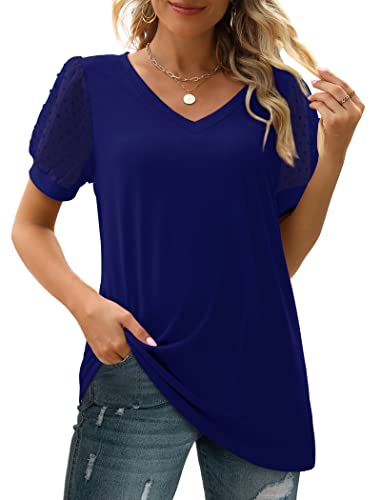 Image of Aokosor Womens Summer Tops V Neck T Shirts Swiss Dot Puff Sleeve Tops Loose Casual Tshirts