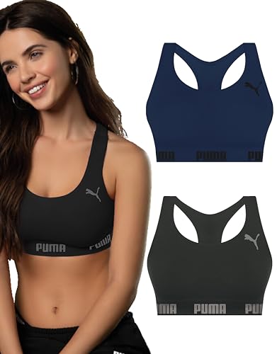 PUMA Kit 2 Top Nadador Academia Sem Bojo Sem Costura Microfibra Feminino, 1 Preto - 1 Azul Índigo, G