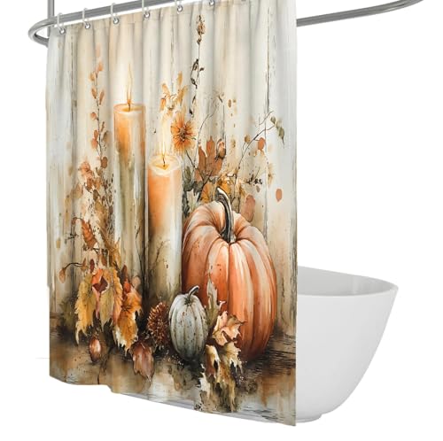 Cortina de Ducha baño otoño Vela Calabaza Hoja Arce Cortina de baño Acción Gracias Cortina de baño Tela Impermeable Cortina de bañera Decorada 180x180