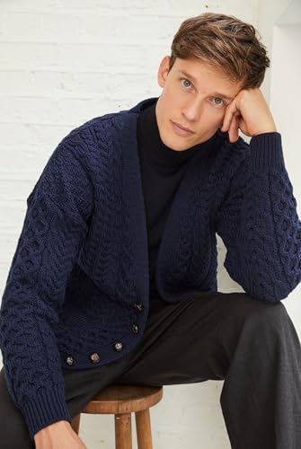 Men's Irish Cable Knit Cardigan Sweater, 100% Soft Merino Wool, V-Neck Buttoned with Pockets, Clare Island2