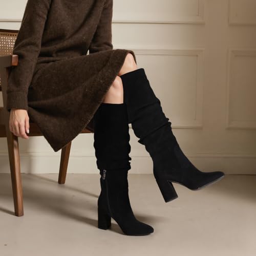 Eteridrey Black Knee High Boots Womens Wide Calf Suede Tall Booties Pointed Toe Slouchy Fall Dress Shoes3