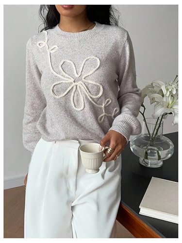 Image of RoseSeek Women's 3D Floral Appliques Crewneck Sweaters Long Sleeve Drop Shoulder Pullovers Elegant Knit Tops