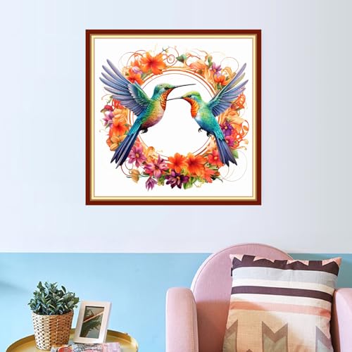 Image of Joyhoor Cross Stitch Kits for Beginners Stamped Cross-Stitch Supplies Needlework preprint Embroidery Kits for Adults DIY Needlepoint Kits Embroidery Patterns 11CT-Hummingbird Wreath 18x18 inchs