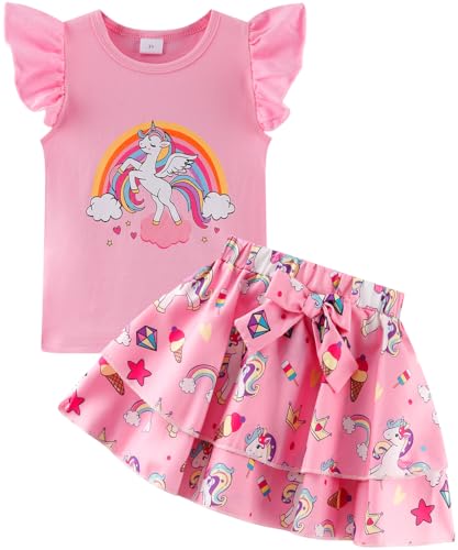 Girls Skirt Set 2 Piece Outfit Toddler Summer Clothes Ruffle Sleeve T-Shirt Bow Knot Tutu Skirt Outfit Set