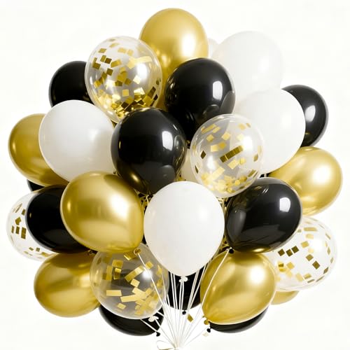 PartyWoo Black and Gold Balloons 66pcs 12 Inch Matte Black White Metallic Chrome Gold Confetti Balloons for Graduation Baby Shower Birthday New Year’s Eve Anniversary Bachelorette Party Decorations