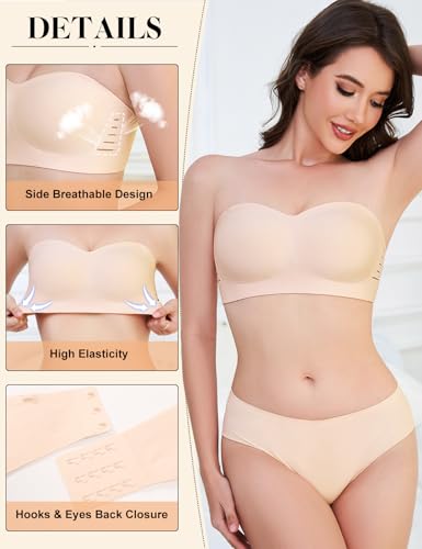 Xnova Women's Strapless Bras Wireless Invisible, Bandeau Nude Bra Non-Slip Silicone Tube Top, Seamless Multiway Convertible T Shirt Bralette with Removable Straps (Beige-P, L) - Image 3