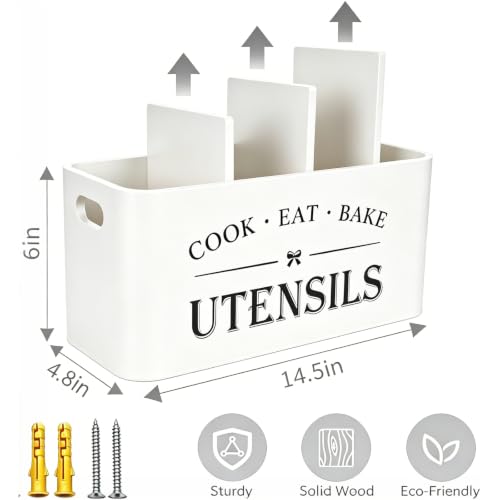 Image of Wooden Kitchen Utensil Holder Organizer for Counter or Countertop, Large Wooden Utensil Holder for Storage Cooking and Silverware with 4 Compartment,Rustic Wood Container Extra Large-white
