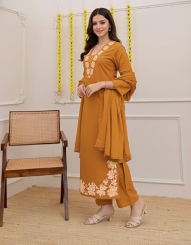 Image of ANNI Designer Pure Cotton Embroidered Kurta Set for Women | Rust Orange Kurta with Pants & Dupatta | Floral Neck & Hem Embroidery | Cotton Kurta Set for Women | 10 Colour Options Available