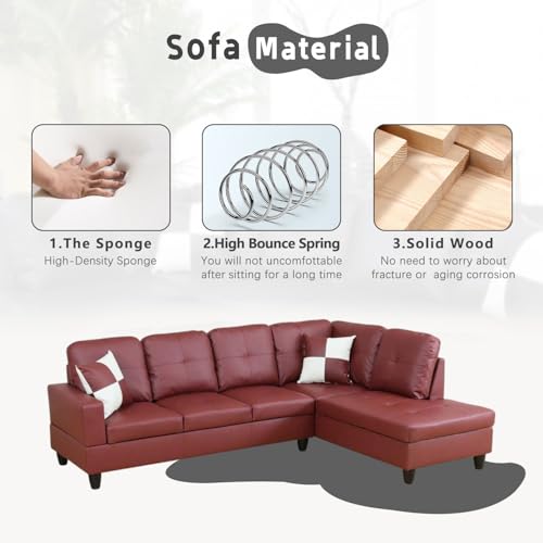 Image of Red L-Shaped 3-Piece Faux Leather Sofa with Storage Ottoman Set, Sectional Couch Leather-Like Sofa Set for Living Room, Office, Small Space