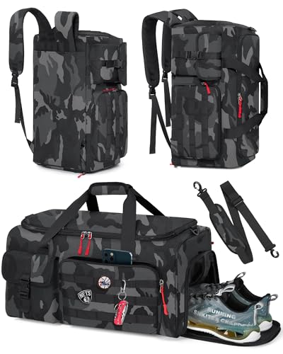 RAINSMORE Gym Bag for Men, 45L Sports Travel Duffel Bag with Shoe & Laptop Compartment, Gym Workout Backpack Carry On Weekender Bag Overnight Backpack for Travel, Black Camo
