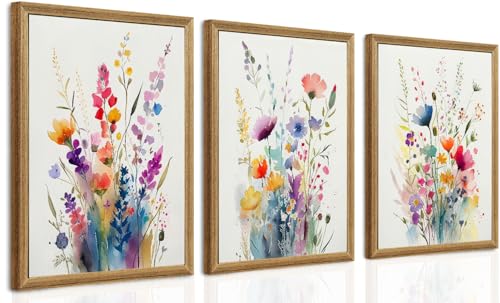 Watercolor Wildflower Wall Art Set Of 3, Colorful Floral Bouquet