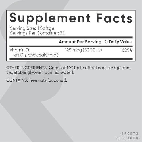 Image of Sports Research Vitamin D3 5000 IU with Coconut MCT Oil - Extra Strength Vitamin D Supplement - Non-GMO Verified, Gluten & Soy Free - 125mcg, 30 Liquid Softgels