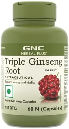 GNC Herbal Plus Triple Ginseng with Korean, American & Siberian Ginseng | 60 Capsules | 700mg | Enhances Immunity | Boosts Strength & Stamina | Improves Alertness & Concentration | Formulated in USA
