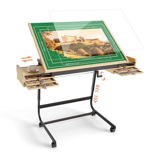 Image of Puzzle Table with Drawers for 1500 Piece Jigsaw Puzzles - Puzzle Board | Crank Handle Adjustable Tilting Puzzle Board with 2 Sliding Storage Drawer,Legs & Wheels, 6 Trays and Cover for Adults