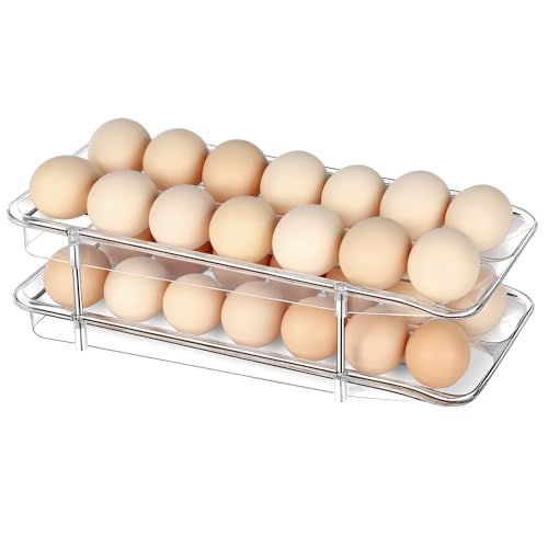 LAREKUN Refrigerator Egg Holder, Self-Rolling Refrigerator Egg Container, Clear Plastic Egg Dispenser, Stackable Egg Organizer with Quick Detachable Inner Tray for Tissue and Storage, 2-Pack