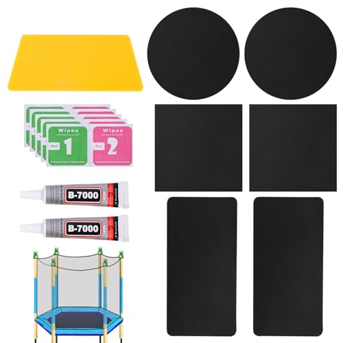 Self-Adhesive Trampoline Patch Repair Kit 6pcs 3 Shapes Repair Patches with 2pcs Glues and Scraper Accessories for Quickly Mending Tears or Holes in Trampoline Mats (Black)