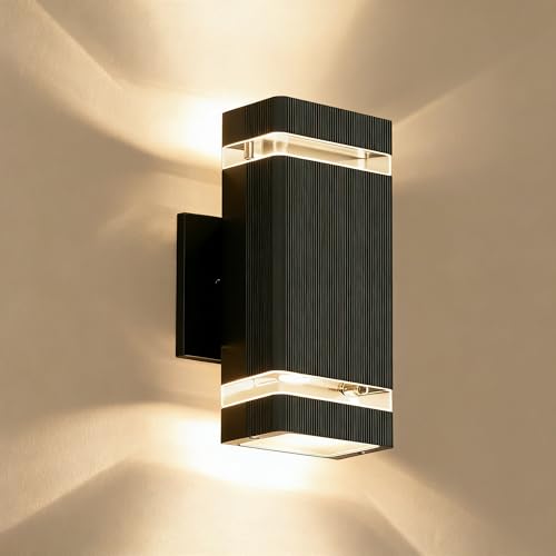 Image of JYV Square Outdoor Wall Lights, Up and Down LED Porch Lights, Black | Aluminum Exterior Lighting Fixtures with 2 * 7W Bulbs 3000K, Waterproof Outdoor Sconces Wall Lighting, for House Porch Garage