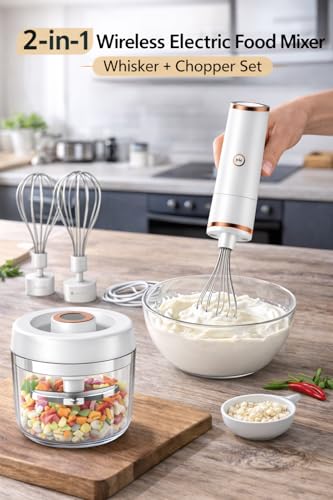 Image of Vasukie 2-in-1 Wireless Electric Hand Mixer & Vegetable Chopper, Egg Beater with Whisk Attachment, Portable Mini Food Processor for Cream, Egg, Garlic & Vegetable Chopping