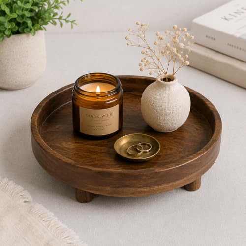 Image of D&G Homes Sheesham Wooden Round Serving Tray with Legs, Multipurpose Serving and Decor| Premium Handcrafted Wooden Tray for Home, Kitchen, Dining Table, Restaurant, Office Organizer