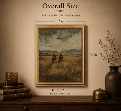 Image of Gold Framed 3D Textured Wall Art, Vintage Western Cowboy Horse Canvas Prints, Wild West Mountain Landscape Pictures Decor, Mid-Century Equestrian Gallery Artwork for Living Room Office 16x12 in
