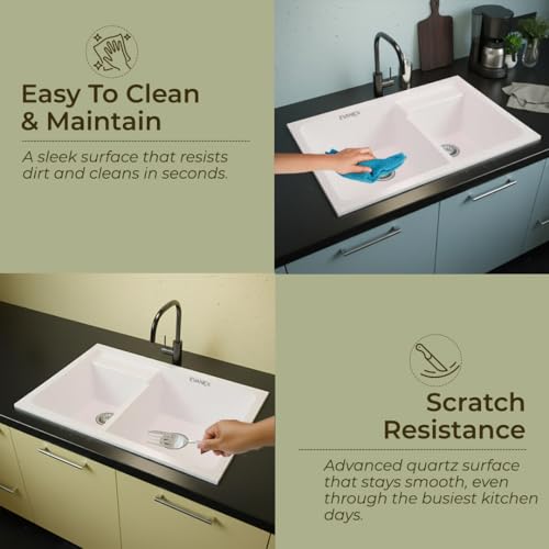 Image of EVANEX Quartz Kitchen Sink | 31x18x9 Inch Double Bowl Sink for Kitchen | Granite Topmount /Undermount Kitchen Sinks | Rosa Double Sink with Connector, Waste Pipe, Coupling and Drain Basket