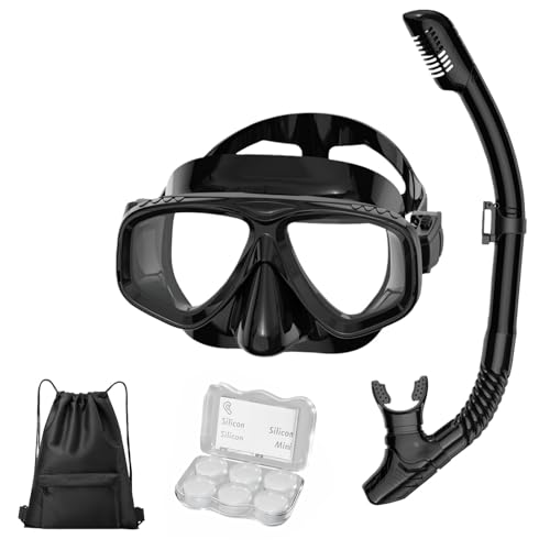 HSTWODE Máscara de buceo óptica para adultos de 0 a -8,0 – Juego completo con tubo de respiración seca, tapones para los oídos de silicona y bolsa de transporte, ideal para esnórquel, buceo (negro
