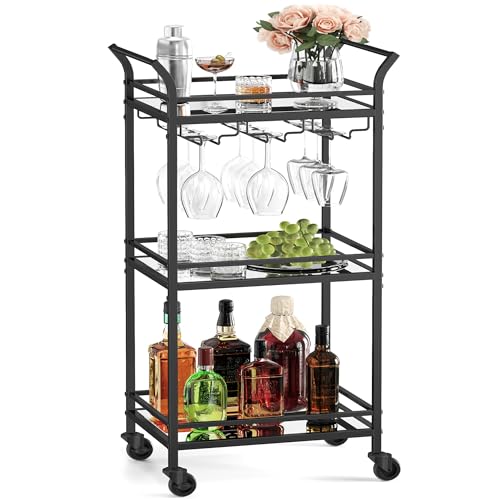 VASAGLE 3-Tier Drinks Trolley Black Bar Cart on Wheels with Handles Mirrored Glass Shelves Serving Trolley for Small Spaces Kitchen Dining Room Bathroom Living Room Home Bar Black LRC091B62