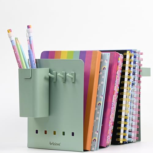Image of Adjustable Bookend Organizer with Pen Holder | Expandable Desk Bookshelf for Office, Study, and Home | Book Rack Stand for Books, Files & Stationery (Extends Up to 17 Inches) - Green