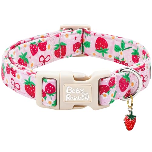 Image of Dog Collars, Spring Red Strawberry Print Pet Collar Holiday Cute Durable Adjustable Pendant Gift Collar with Quick Release Plastic Buckle for Medium Dogs