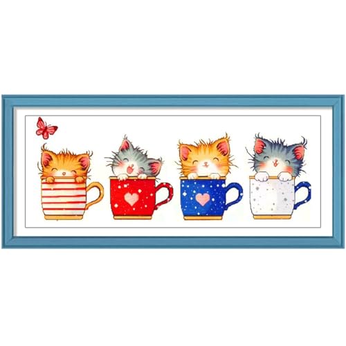 Image of Zhenqing Teacup Cats Stamped Cross Stitch Kit - 11CT 17x37cm 4 Cats in Cups Design, Pre-Printed Colorful Pattern for Beginners (66963)