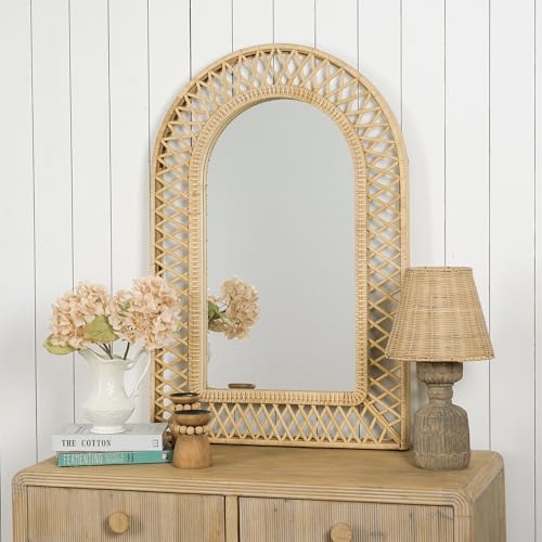 Image of Arched Rattan Wall Mirror - 24x36 Inch Boho Elegance with Woven Frame, Decorative Mirror for Bathroom Vanity Entryway Living Room