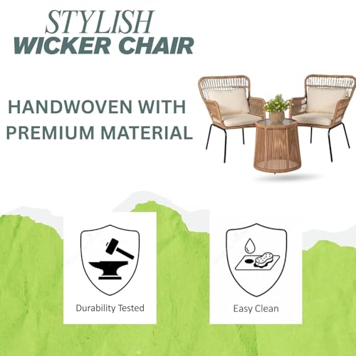 Image of LOCCUS 3-Piece Patio Bistro Set - Outdoor Woven Rope Balcony Furniture with Glass Top Table & Cushioned Chairs for Backyard, Balcony, Porch & Lawn (Beige & White) Comfortable Outdoor Seating Suitable