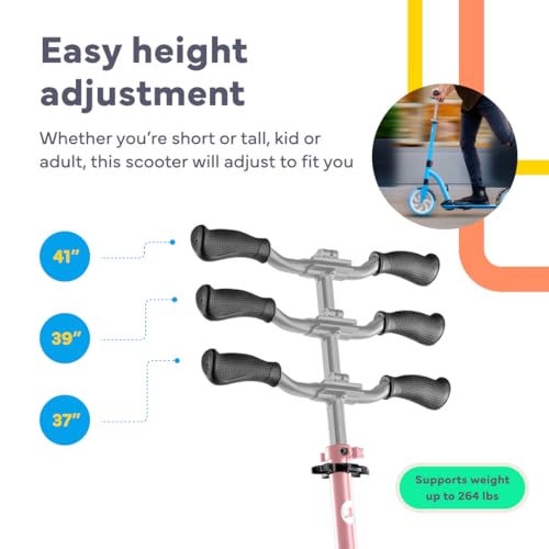 Image of LaScoota Kick Scooter for Kids Ages 6+, Teens & Adults, Large 8 inch Sturdy Urethane Wheels. Adjustable Handlebar, Lightweight, Foldable, 220lbs Max Load
