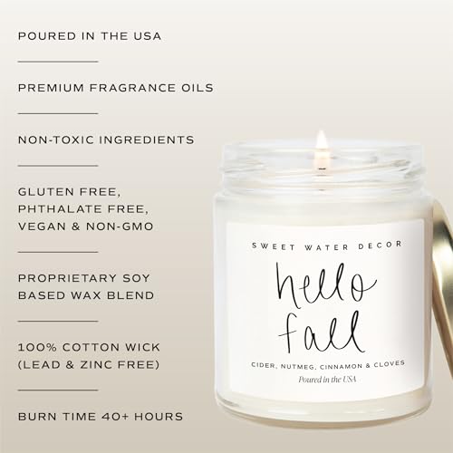Sweet Water Decor Hello Fall Candle - Cinnamon Apples & Clove Autumn Fall Scented Candle for Home Decor - 100% Cotton Wick Soy Wax Candles with 40 Hour Burn Time - Made in the USA - 9oz Clear Jar