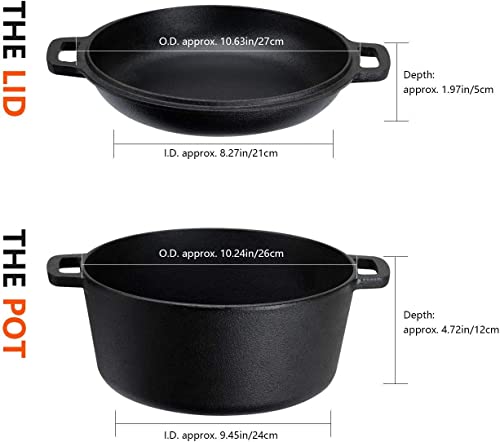 Overmont Gusseisen Topf Dutch Oven einsatzfertig eingebrannt Doppelfunktion Deckel/Bratpfanne für Küche Camping Garten BBQ Backen Gasgrill 6