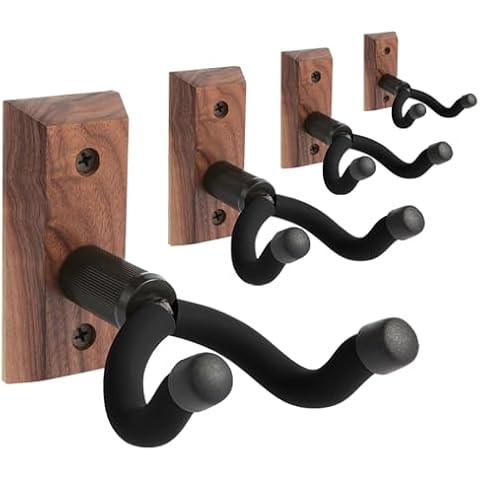 VEINTICO Guitar Wall Mounts 4 Pack,Guitar Hangers Hooks Bracket Holders for Acoustic and Electric Guitars Bass Banjo Mandolin, Black Walnut Wood Base. Cover
