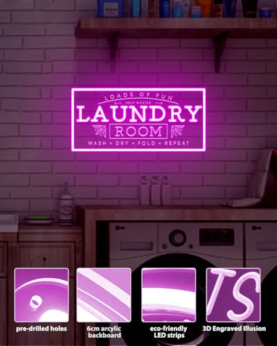 Image of Laundry Neon Sign for Laundry Room, USB Powered Pink Loads Of Fun LED Neon Light, Acrylic Wall Decor Hanging Laundry Sign For Home Business Laundry room Bathroom Farmhouse Gift