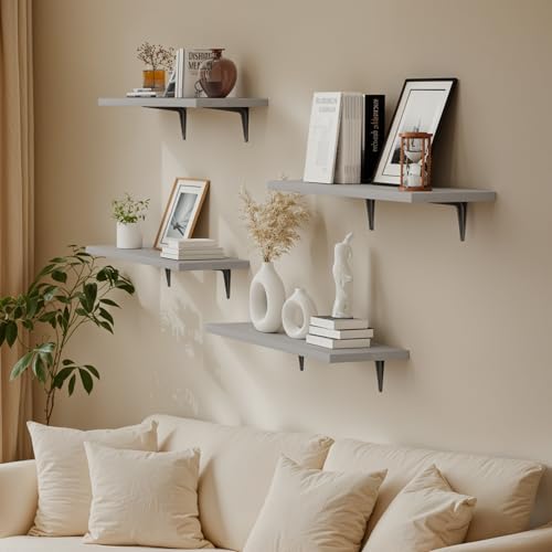 Image of SKYSEN Floating Shelves for Wall Set of 6, 23.6in Wood Wall Shelf for Decor, Bathroom, Bedroom, Storage, Book,Kitchen, Living Room - Grey(fs-60-g)