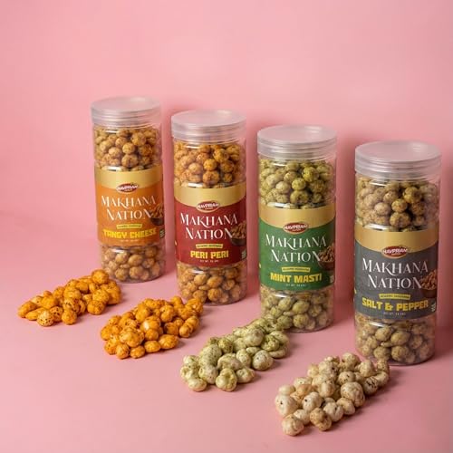 Image of MAKHANA NATION Roasted Flavoured Makhana Combo - 360g | Mint Masti, Peri Peri, Salt & Pepper and Tangy Cheese | Crunchy Fox Nuts Snack | High Protein, Low Calorie | Gluten Free & Ready to Eat | (90g x 4 Packs)