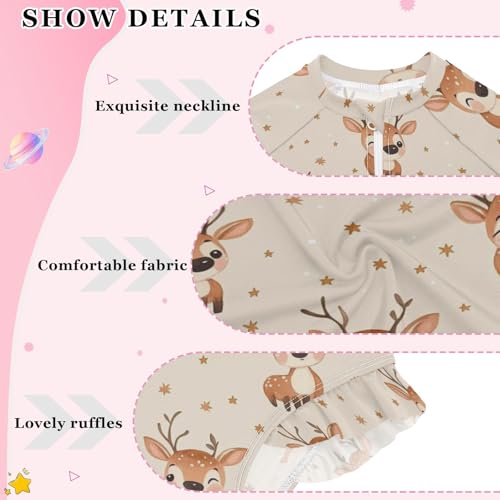 Cute Reindeer Animals Girls Long Sleeve Swimsuit Rash Guard One Piece Bathing Suits Zipper 3-12T4