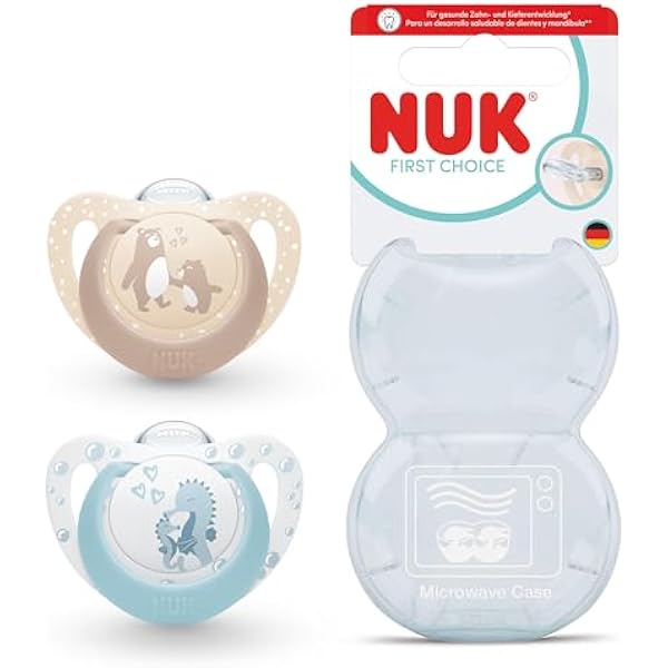 NUK First Choice Smoczki dla niemowląt | 0-6 miesięcy | Ortodontyczne uspokajacze | Uspokajają 99% niemowląt** | Miś i konik morski | 2 sztuki