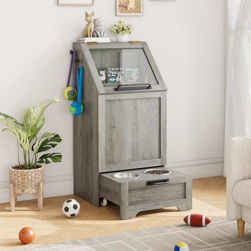 Dog Feeding Station with 2 Elevated Dog Bowls, Pet Feeding Station,Flip Top Pet Food Cabinet,Pet Food Container,Pet Toy Storage Organizer,Modern Storage Organizer,Grey