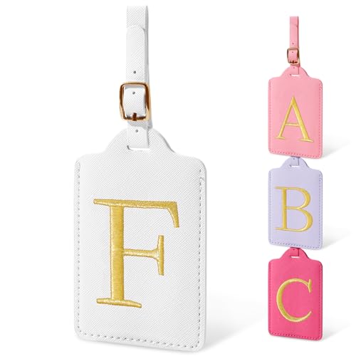 Image of Initial Letter Luggage Tags for Suitcases, Embroidered Monogrammed Suitcase Luggage Identifier Name Tag, PU Leather TSA Approved Luggage Tags, Bag Tags for Men Women Kids Luggage Handbags(White F)