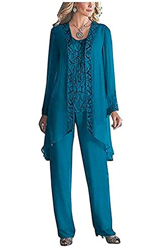 Vestido de gasa de 3 piezas para mujer, traje de madre de la novia, pantalones con chaqueta de cuentas, traje de boda, vestido de noche, Teal, 52