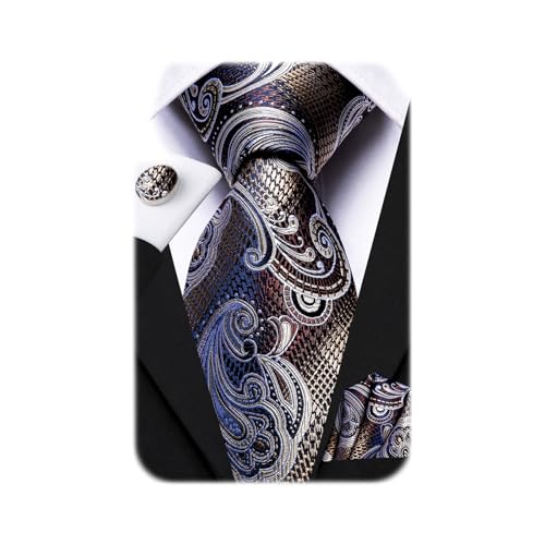 Image of Dubulle Mens Paisley Floral Silk Tie for Men Striped Necktie and Pocket Square Cufflinks Set Wedding Business